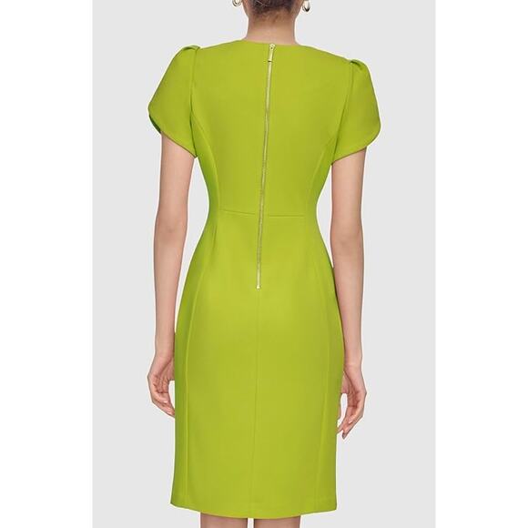 Calvin Klein Size 6 Yellow Tulip Sleeve Crepe Work Cocktail Sheath Knee Dress - Picture 2 of 16